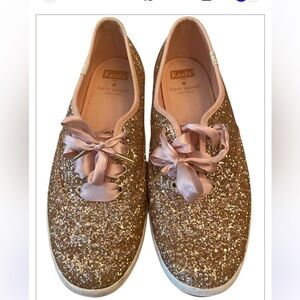 Keds X Kate Spade Glitter Sneakers Pink Rose Gold with Satin laces Size 8.5